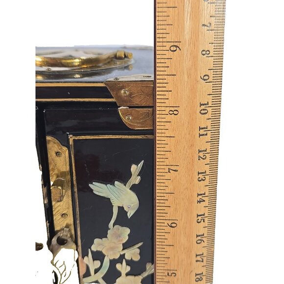 Vintage Asian Lacquer Jewelry Box Chest Brass Mother-of-Pearl Birds Flowers - Picture 12 of 15